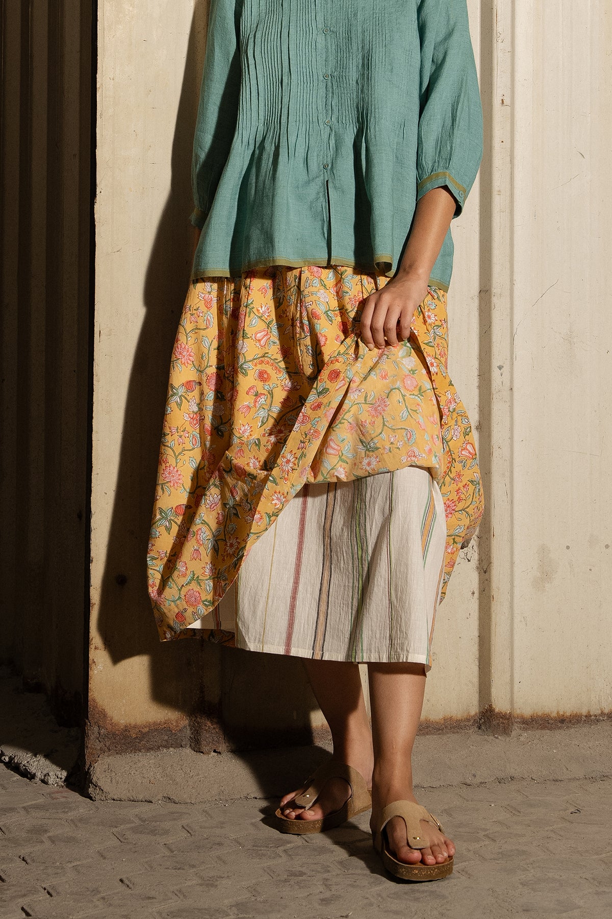 Dve Neela cotton two layered reversible skirt - handloom stripe, and blockprint in yellow floral design.