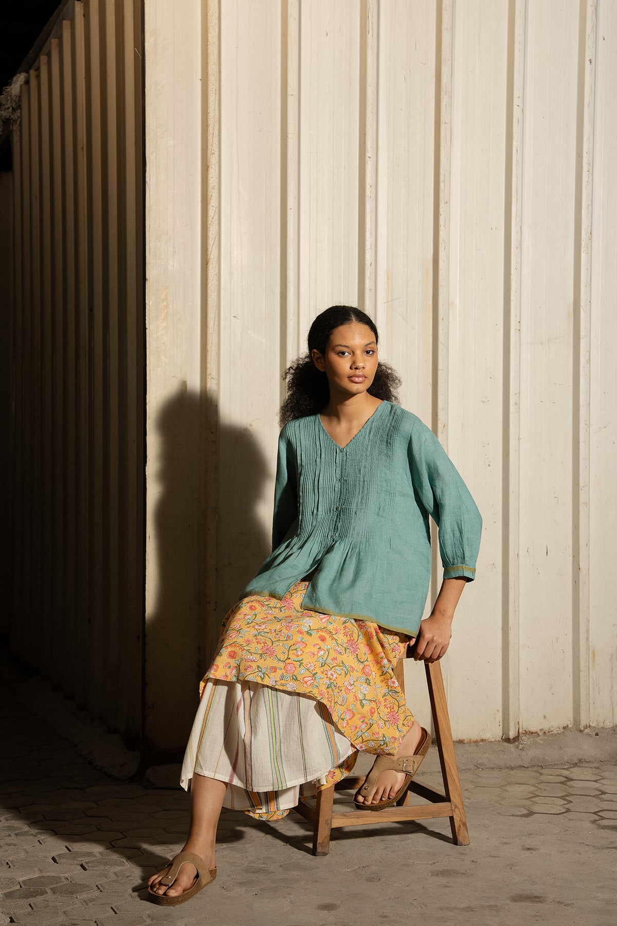 Dve Neela cotton two layered reversible skirt - handloom stripe, and blockprint in yellow floral design.
