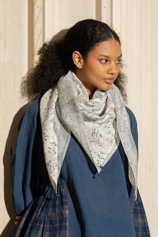 Dve cotton silk blockprinted square scarf with indigo floral and strip print on ecru base.