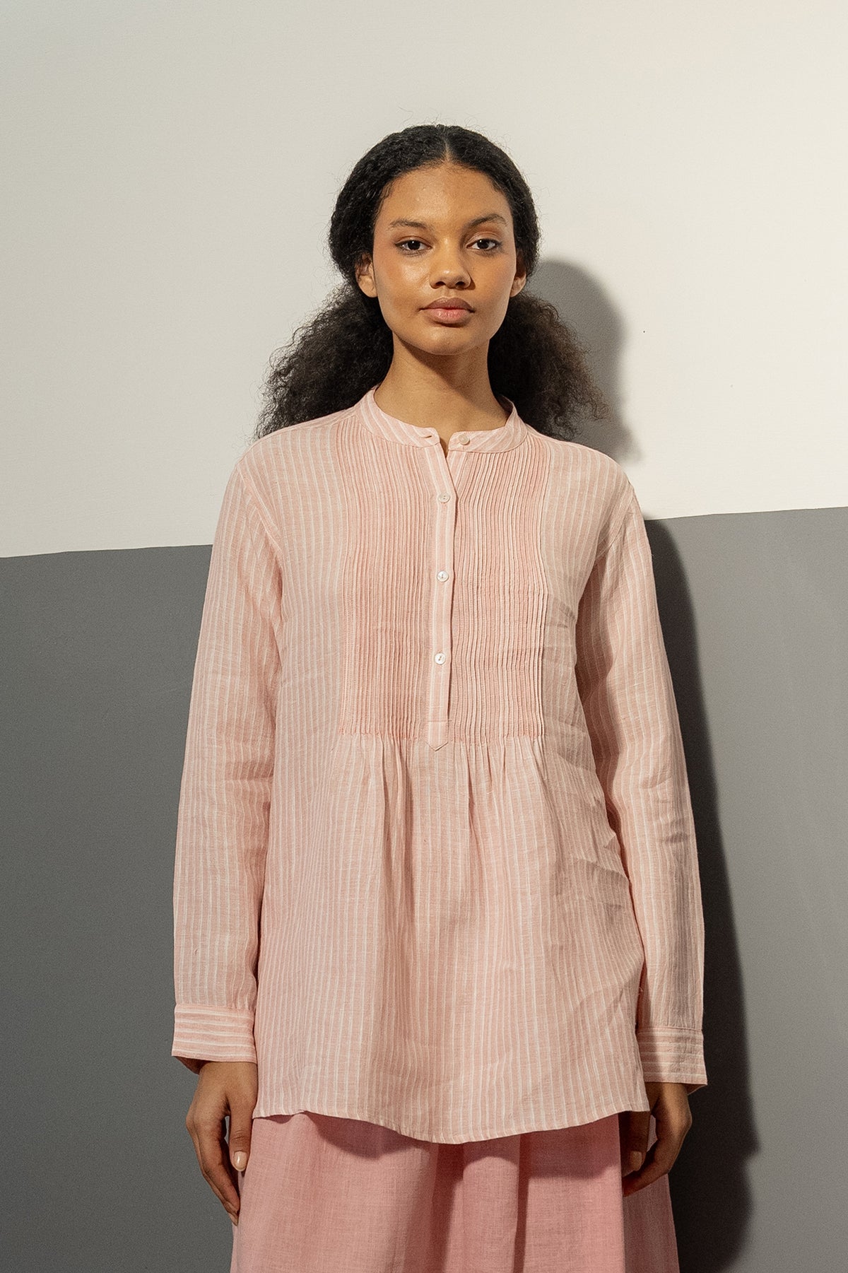 DVE Mohini rose pink stripe linen half button up long sleeve shirt with pintucked bodice.