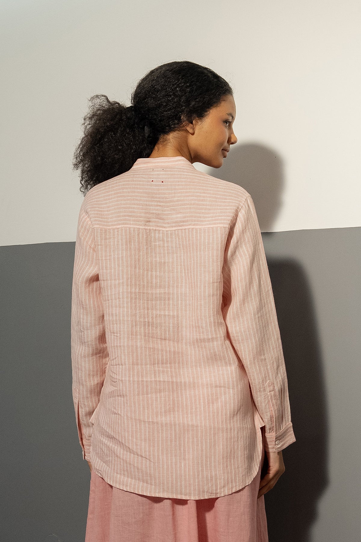 DVE Mohini rose pink stripe linen half button up long sleeve shirt with pintucked bodice.