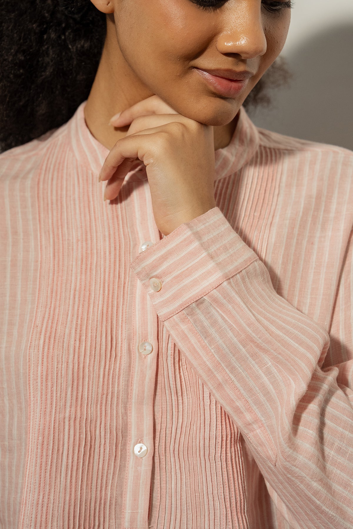 DVE Mohini rose pink stripe linen half button up long sleeve shirt with pintucked bodice.