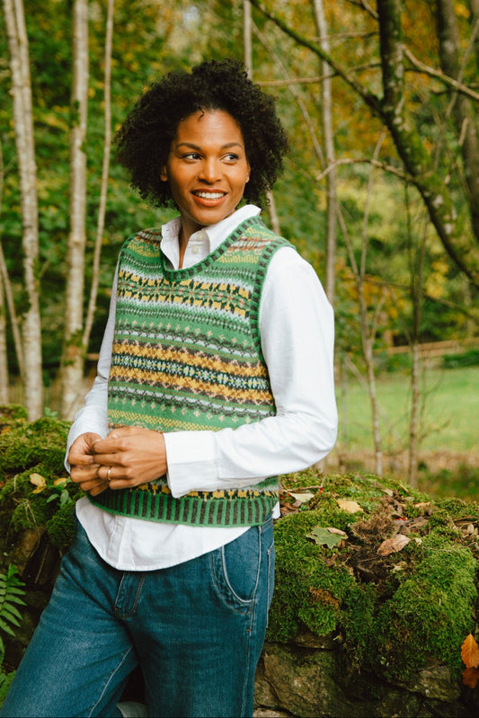 Eribe Shetland wool Westray fairisle vest in greens, light blue, gold and grey.