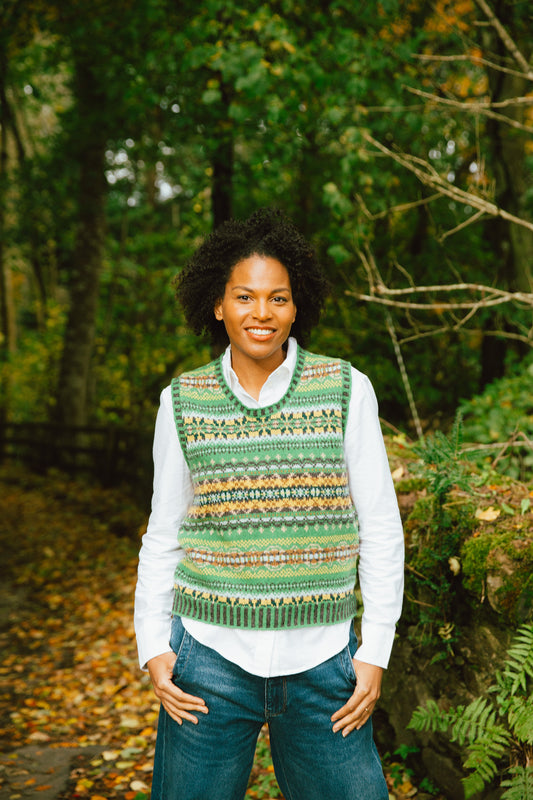 Eribe Shetland wool Westray fairisle vest in greens, light blue, gold and grey.