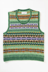 Eribe made in Scotland Westray vest in Meadow in soft green and mauve.