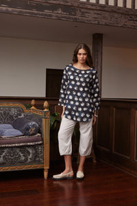 Valia made in Melbourne European linen Victoria blouse featuring abstract spot print on navy.