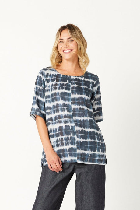 Valia European linen shibori print blouse in indigo.