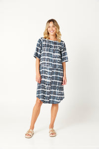 Valia European linen shibori print dress in indigo.