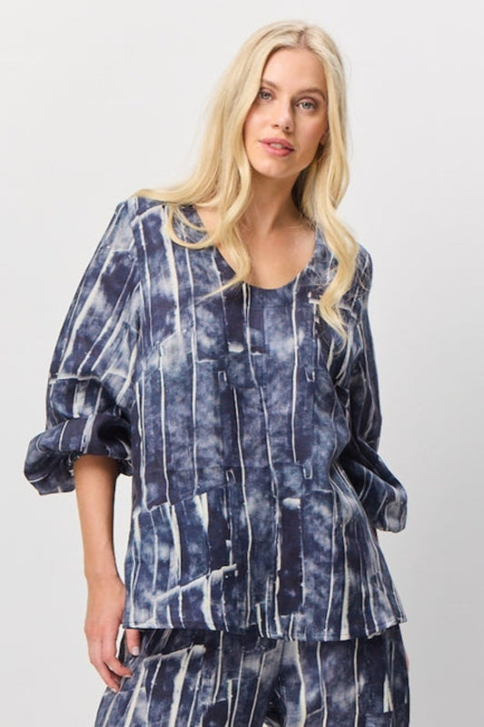 Valia ocean print indigo blue and white linen top.