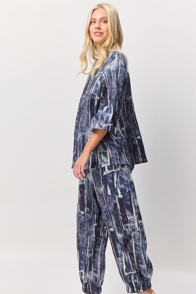 Valia ocean print indigo blue and white linen top.