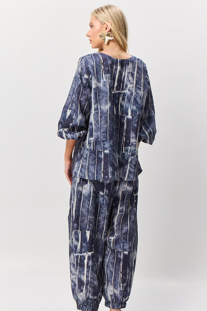 Valia ocean print indigo blue and white linen top.