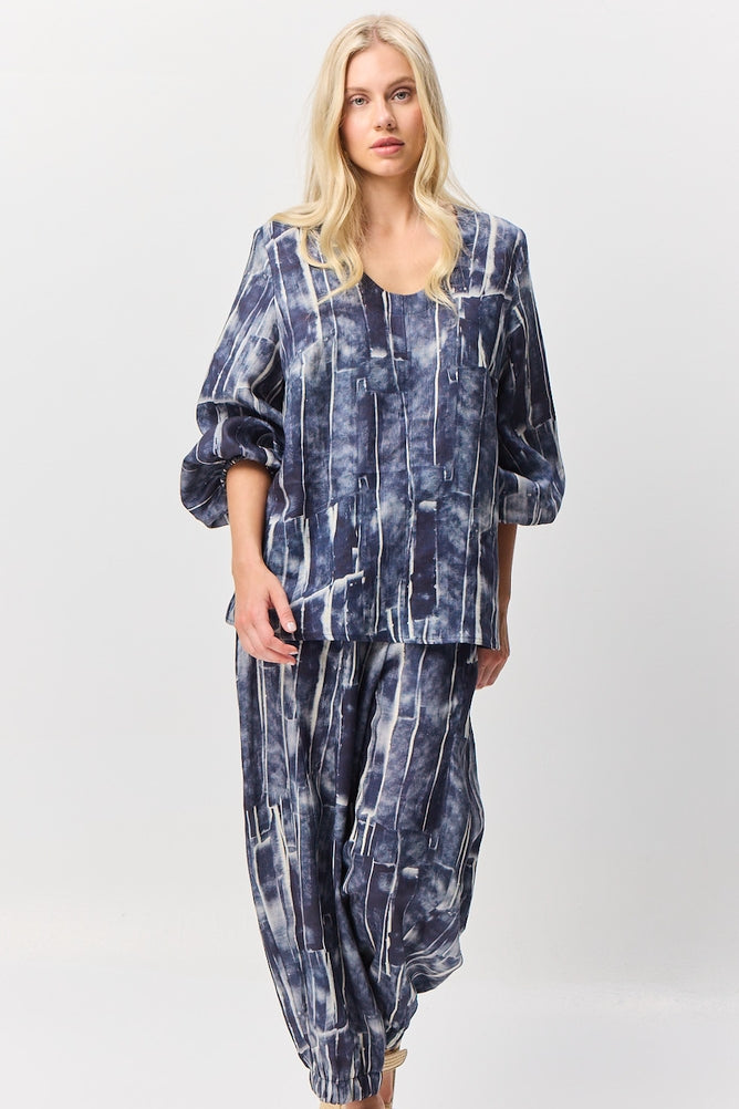 Valia blue and white ocean print linen Regatta pants.