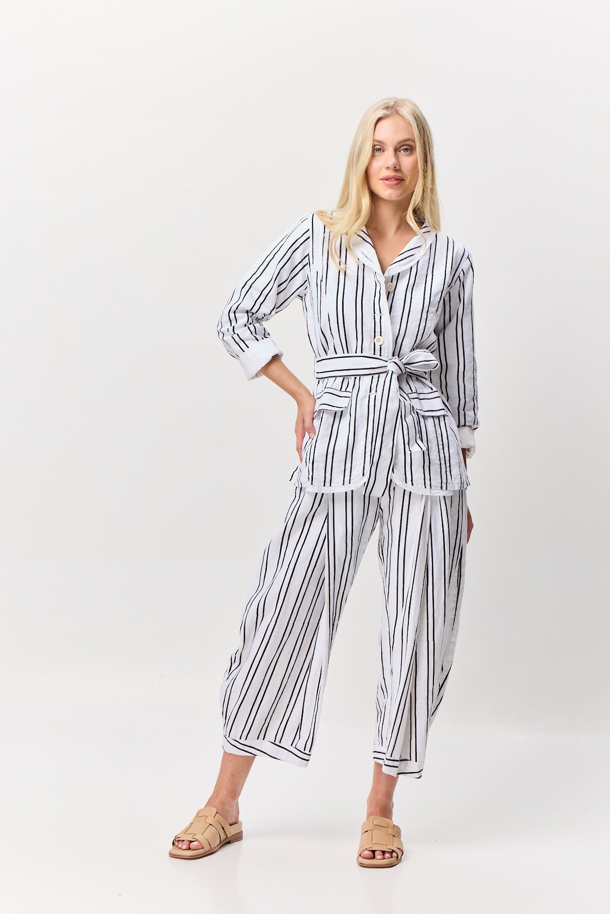 Valia Magnolia pants in black and white linen stripes.