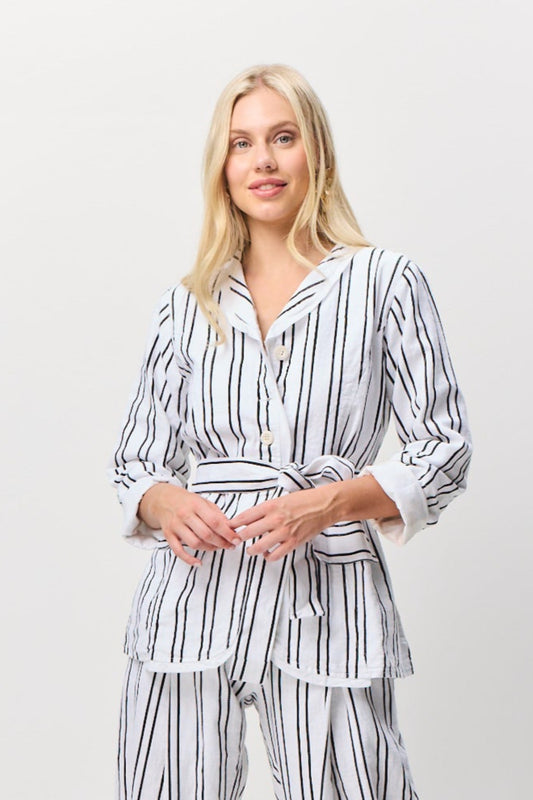 Valia Magnolia jacket in black and white linen stripes.