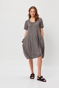 Valia made in Melbourne cotton knit Tilly dress with flared panelled skirt, side pockets, in mushroom taupe.