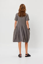 Load image into Gallery viewer, Valia made in Melbourne cotton knit Tilly dress with flared panelled skirt, side pockets, in mushroom taupe.