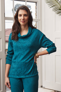 Valia merino wool double jersey jacquard print roll neck Iris and checks pullover tunic in Brittany teal turquoise.