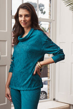 Load image into Gallery viewer, Valia merino wool double jersey jacquard print roll neck Iris and checks pullover tunic in Brittany teal turquoise.