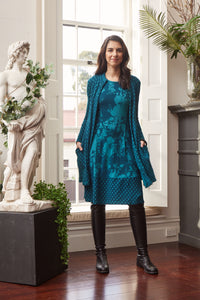 Valia double weight jacquard wool jersey coat in spot print, Dixie in Brittany turquoise teal.