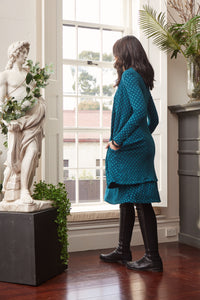 Valia double weight jacquard wool jersey coat in spot print, Dixie in Brittany turquoise teal.