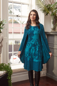 Valia double weight jacquard wool jersey coat in spot print, Dixie in Brittany turquoise teal.