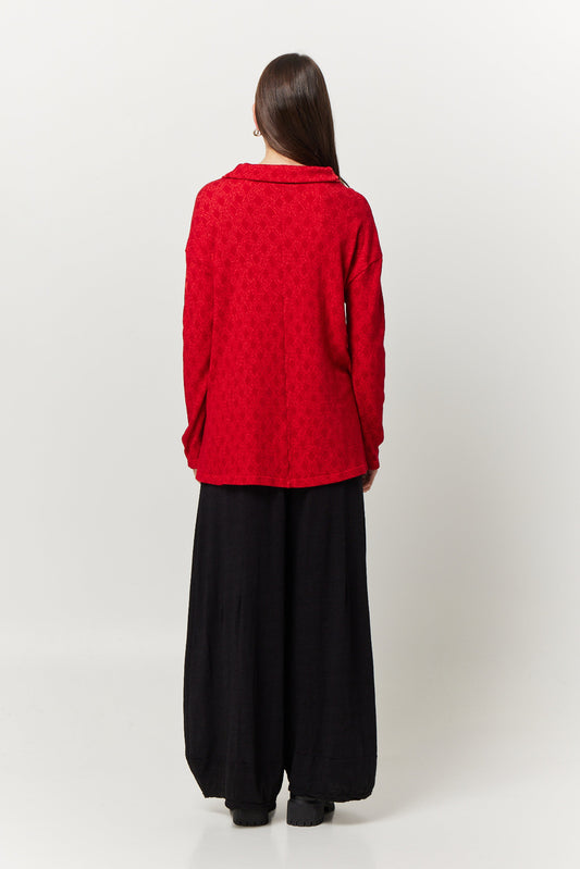 Valia merino wool jersey jacquard Acorn pullover in red.