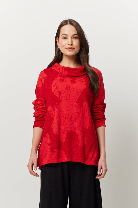 Valia merino wool jersey jacquard Acorn pullover in red.