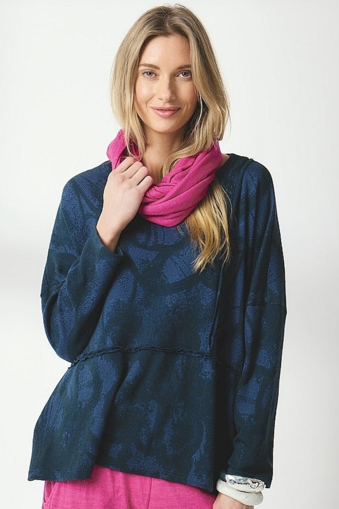 Valia merino wool jacquard knit Cameya tunic in deep denim blue.