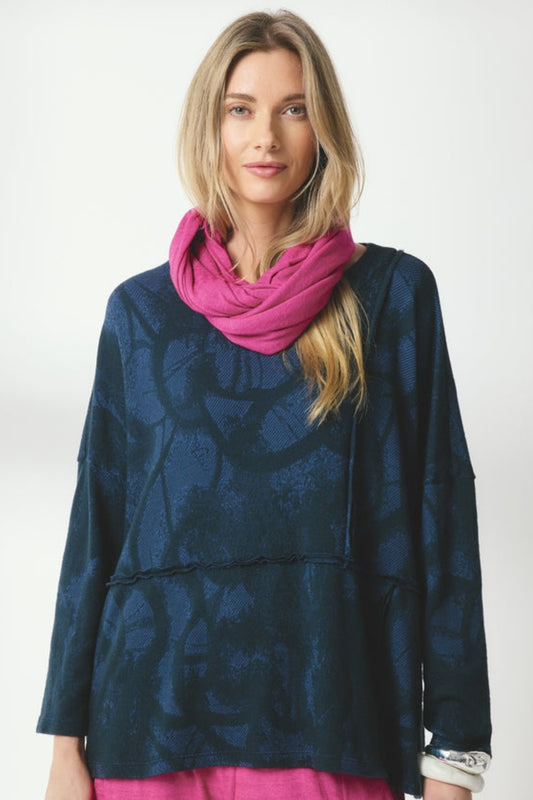 Valia merino wool jacquard knit Cameya tunic in deep denim blue.