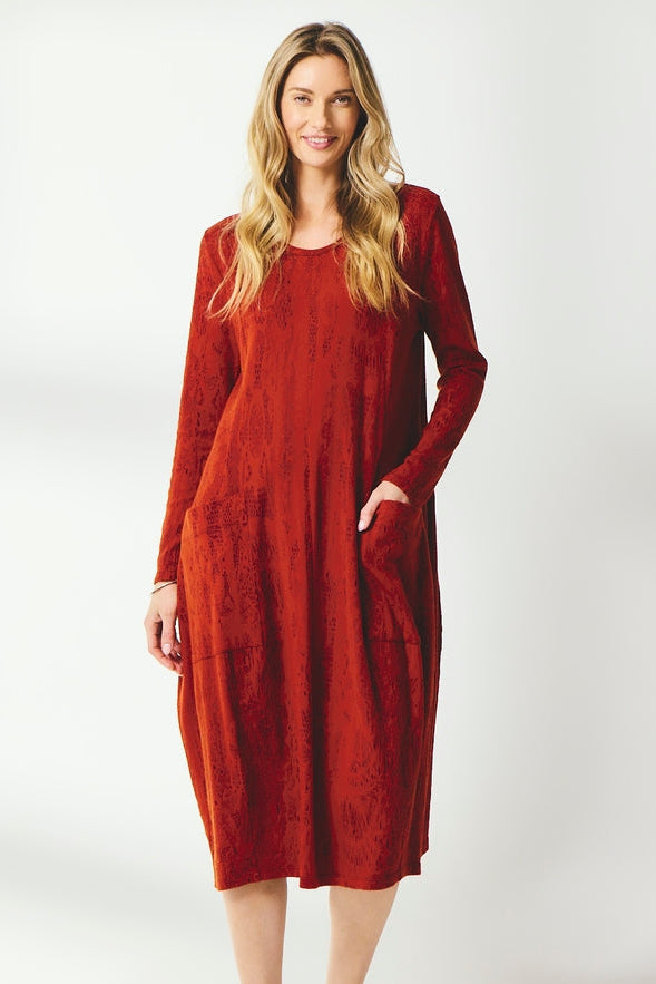 Valia Chantilly long sleeved midi length dress, wool knit jacquard print in Oxblood red.