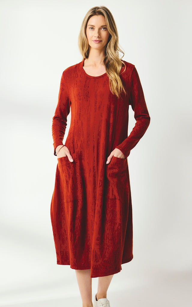 Valia Chantilly long sleeved midi length dress, wool knit jacquard print in Oxblood red.