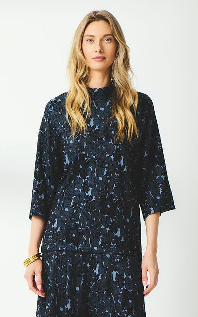 Valia merino wool jacquard knit Fleur blouse in Mussel dark grey and blue.