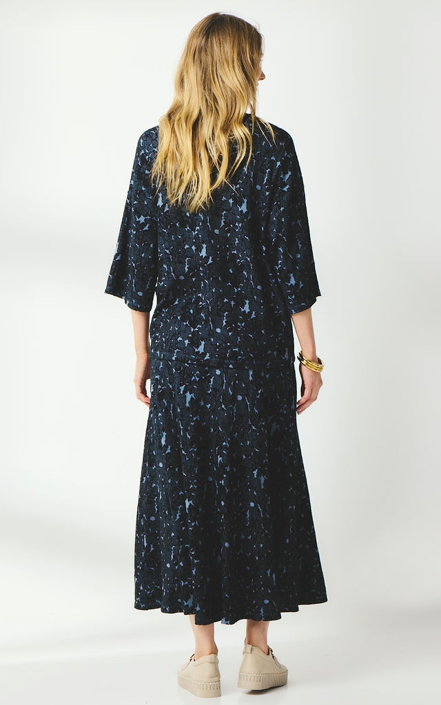 Valia merino wool jacquard knit Fleur blouse in Mussel dark grey and blue.