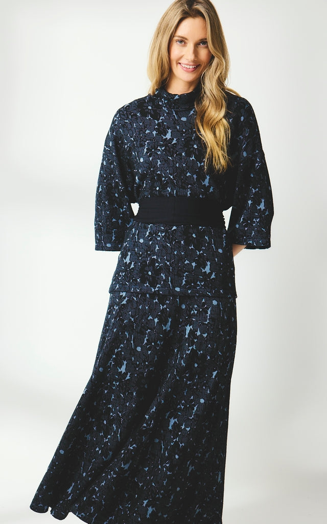 Valia merino wool jacquard knit Fleur blouse in Mussel dark grey and blue.
