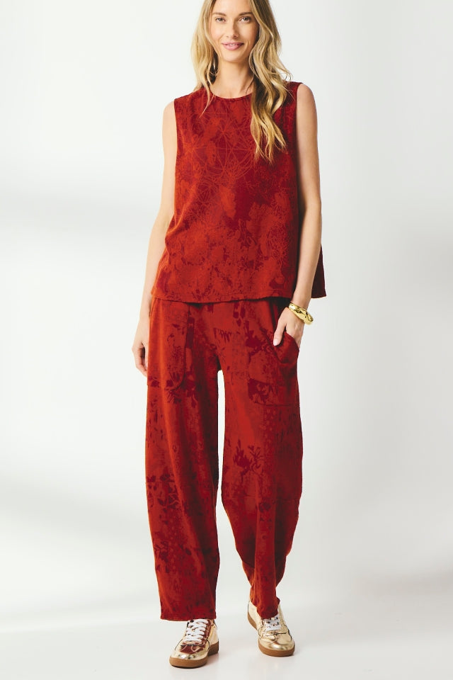 Valia travel pant pull on wool jersey knit in jacquard print Oxblood red.