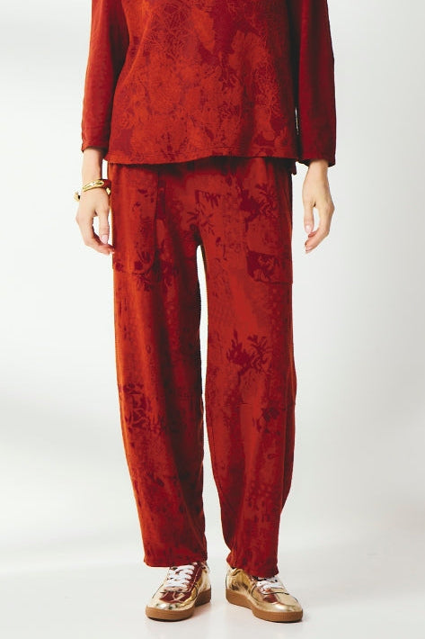 Valia travel pant pull on wool jersey knit in jacquard print Oxblood red.