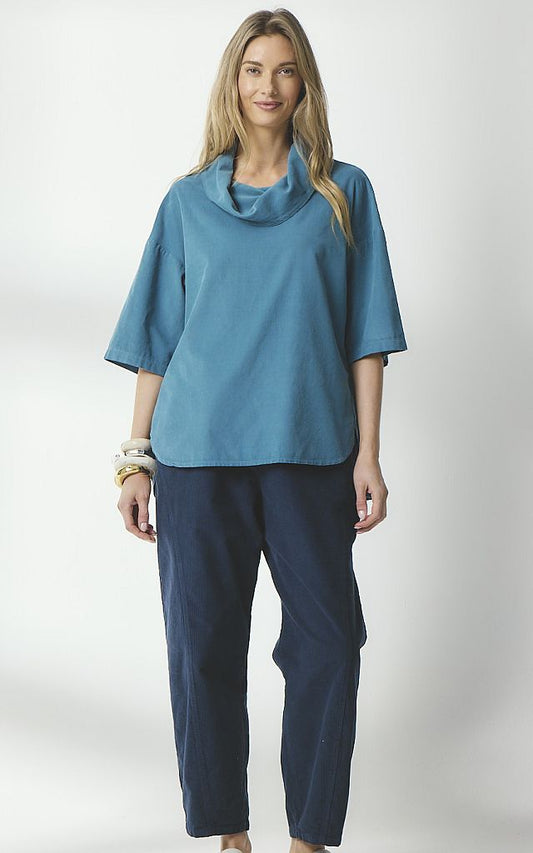 Valia superfine cord tunic top in lagoon denim blue.