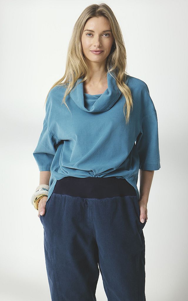 Valia superfine cord tunic top in lagoon denim blue.