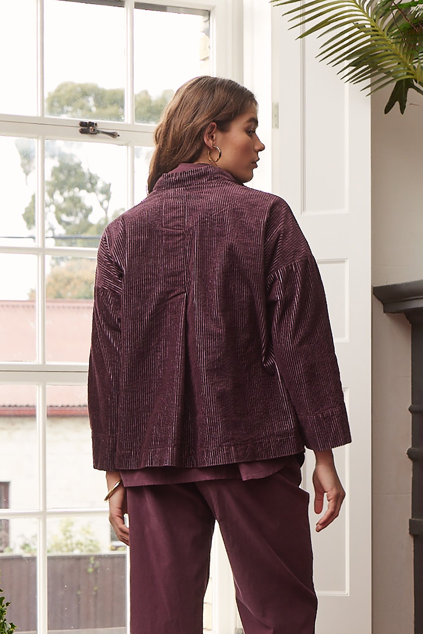 Valia Las Vegas ruby red corduroy jacket.