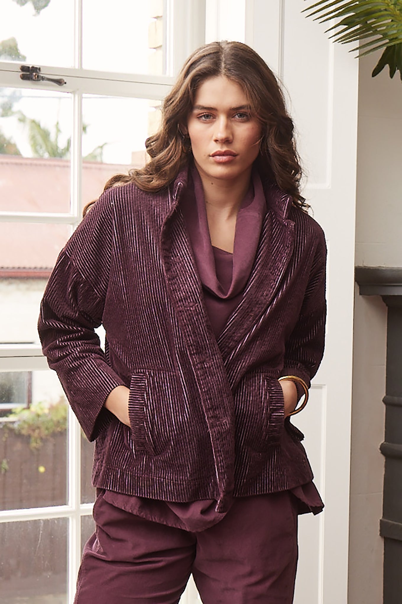 Valia Las Vegas ruby red corduroy jacket.
