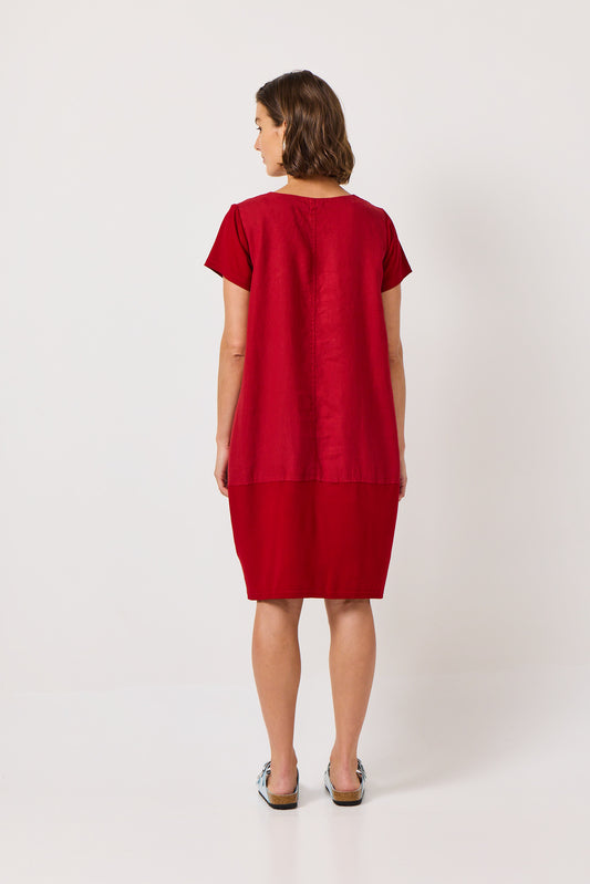 Valia pure linen Michelle dress made in Melbourne with short sleeves, round neck, cotton jersey panels in deep ketchup red.