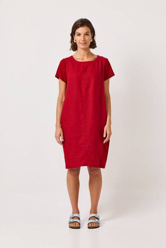 Valia pure linen Michelle dress made in Melbourne with short sleeves, round neck, cotton jersey panels in deep ketchup red.