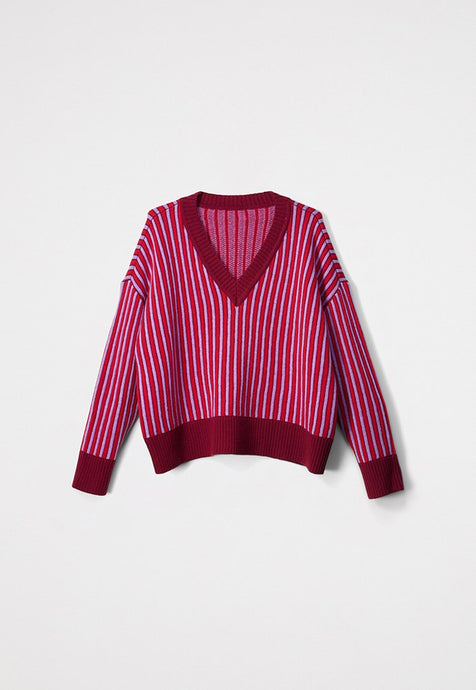 Nancybird Celeste merino wool stripe jacquard knit in mulberry pink.