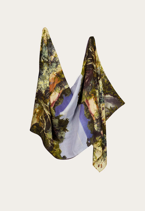 Nancybird wool long scarf featuring landscape artwork.