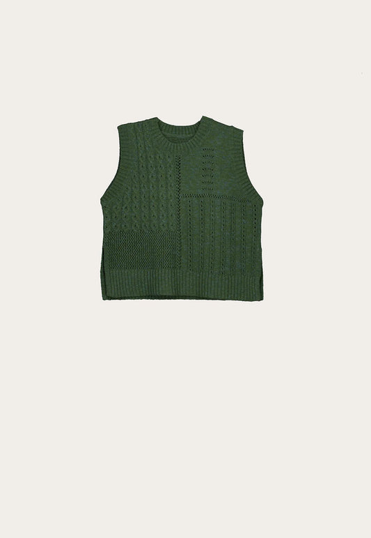 Nancybird cypress green cable knit merino wool vest.