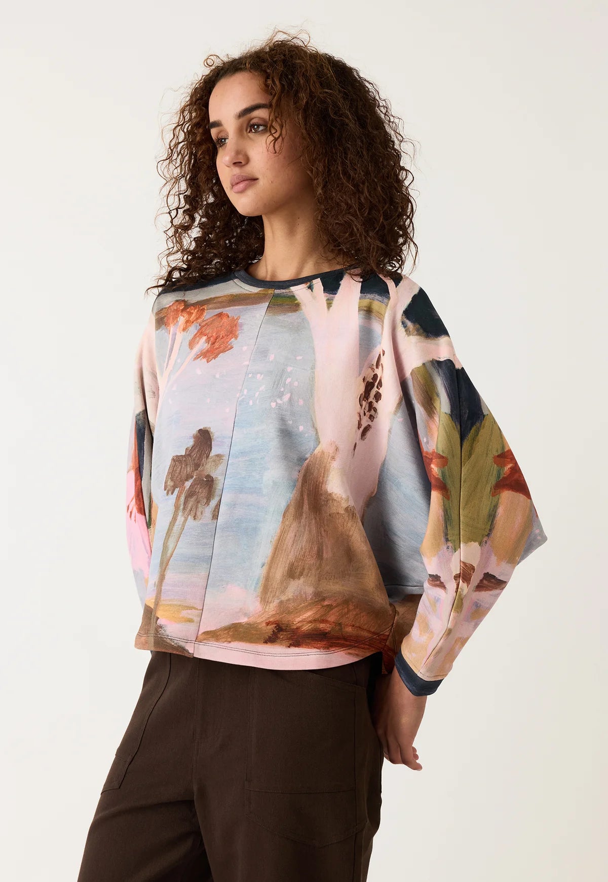 Nancybird Dahlia batwing organic terry cotton sweatshirt featuring the artwork of Australian artist Wendy McDonald.