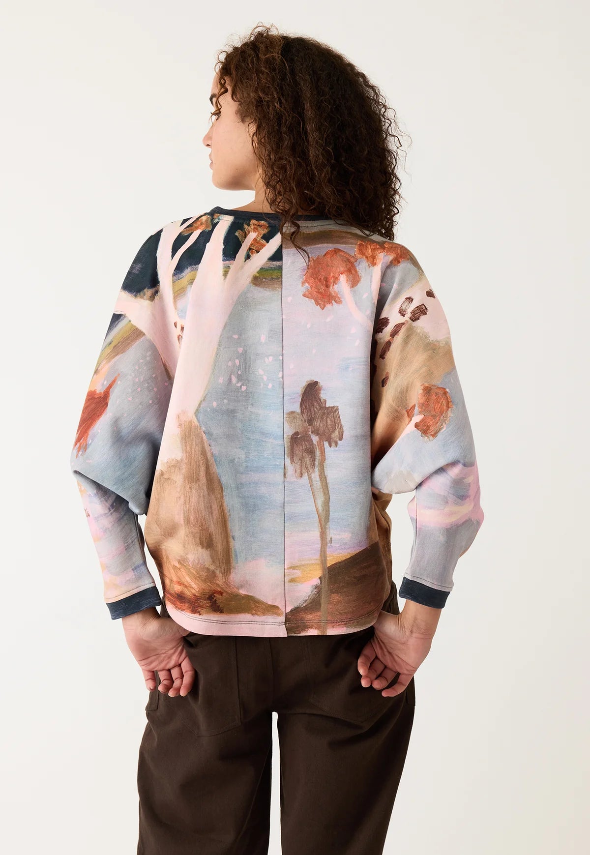 Nancybird Dahlia batwing organic terry cotton sweatshirt featuring the artwork of Australian artist Wendy McDonald.