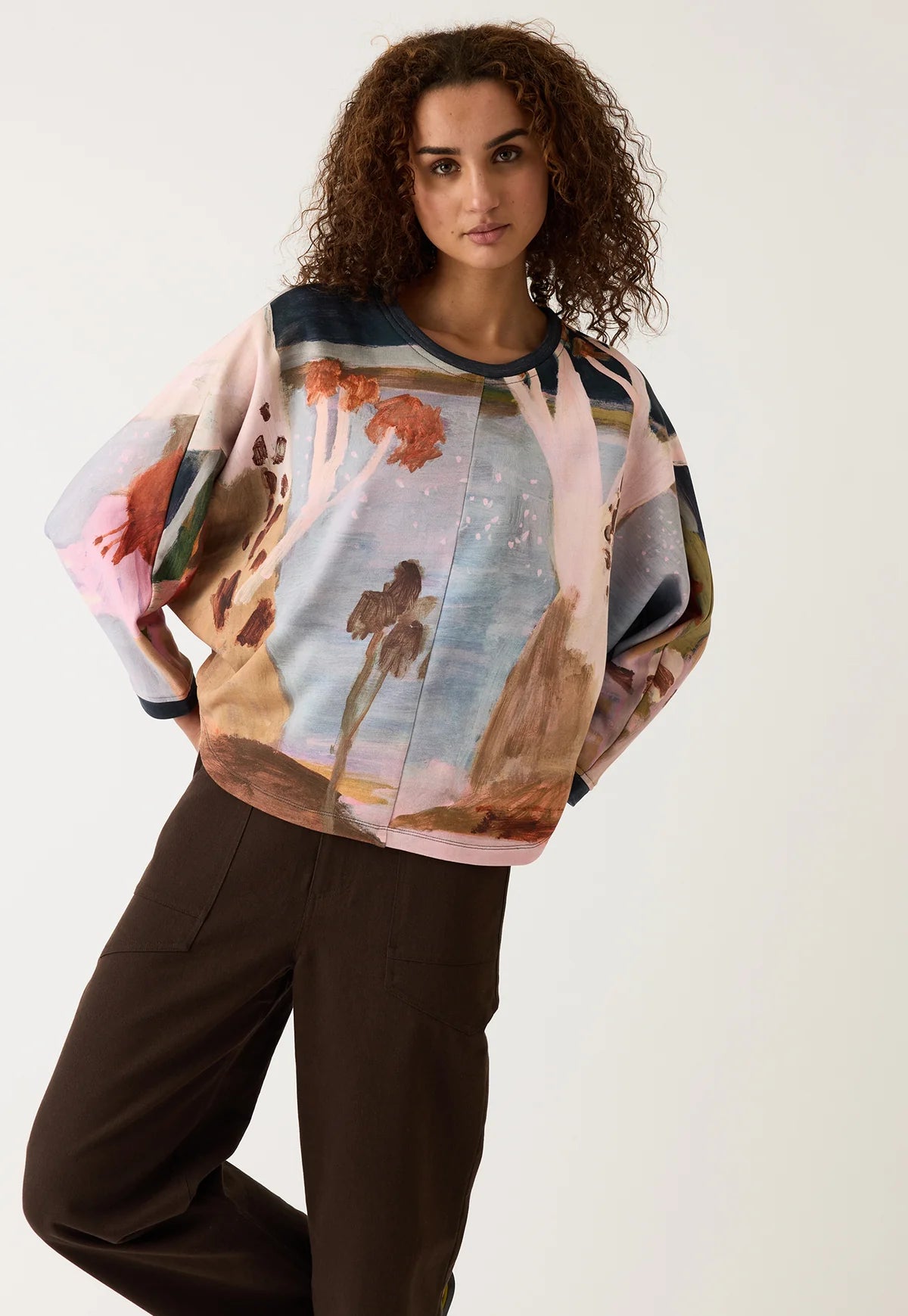 Nancybird Dahlia batwing organic terry cotton sweatshirt featuring the artwork of Australian artist Wendy McDonald.