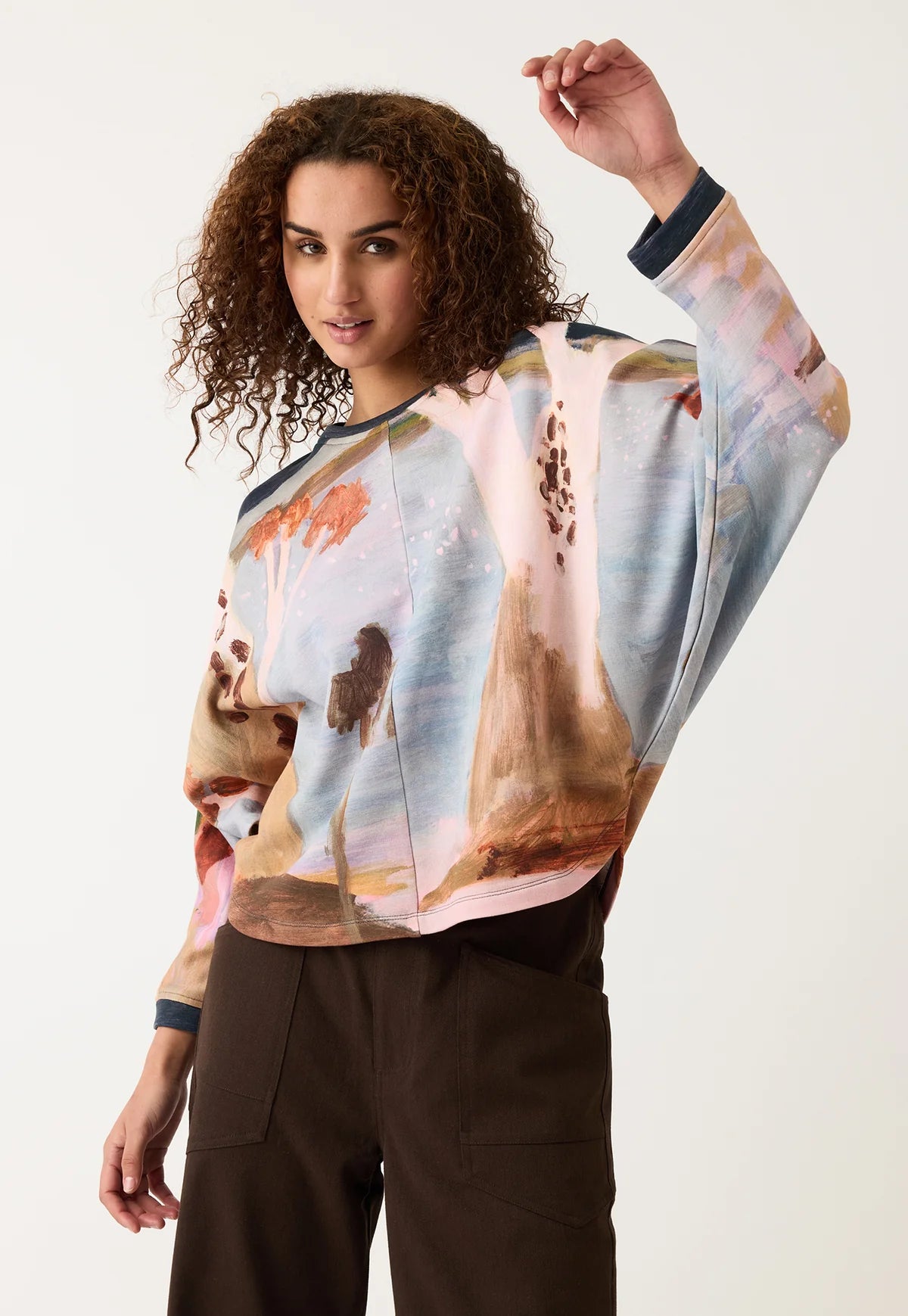Nancybird Dahlia batwing organic terry cotton sweatshirt featuring the artwork of Australian artist Wendy McDonald.
