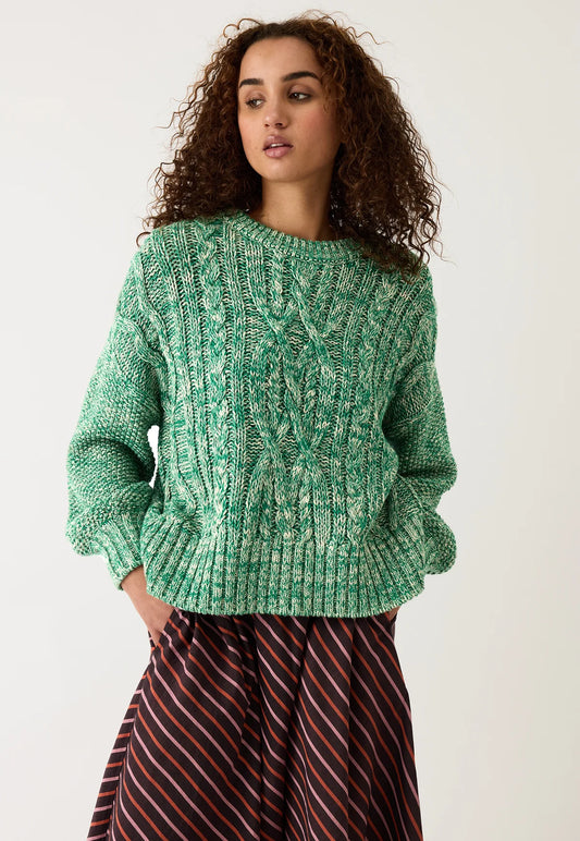 Nancybird Gigi merino wool cotton cable knit sweater in splice green.